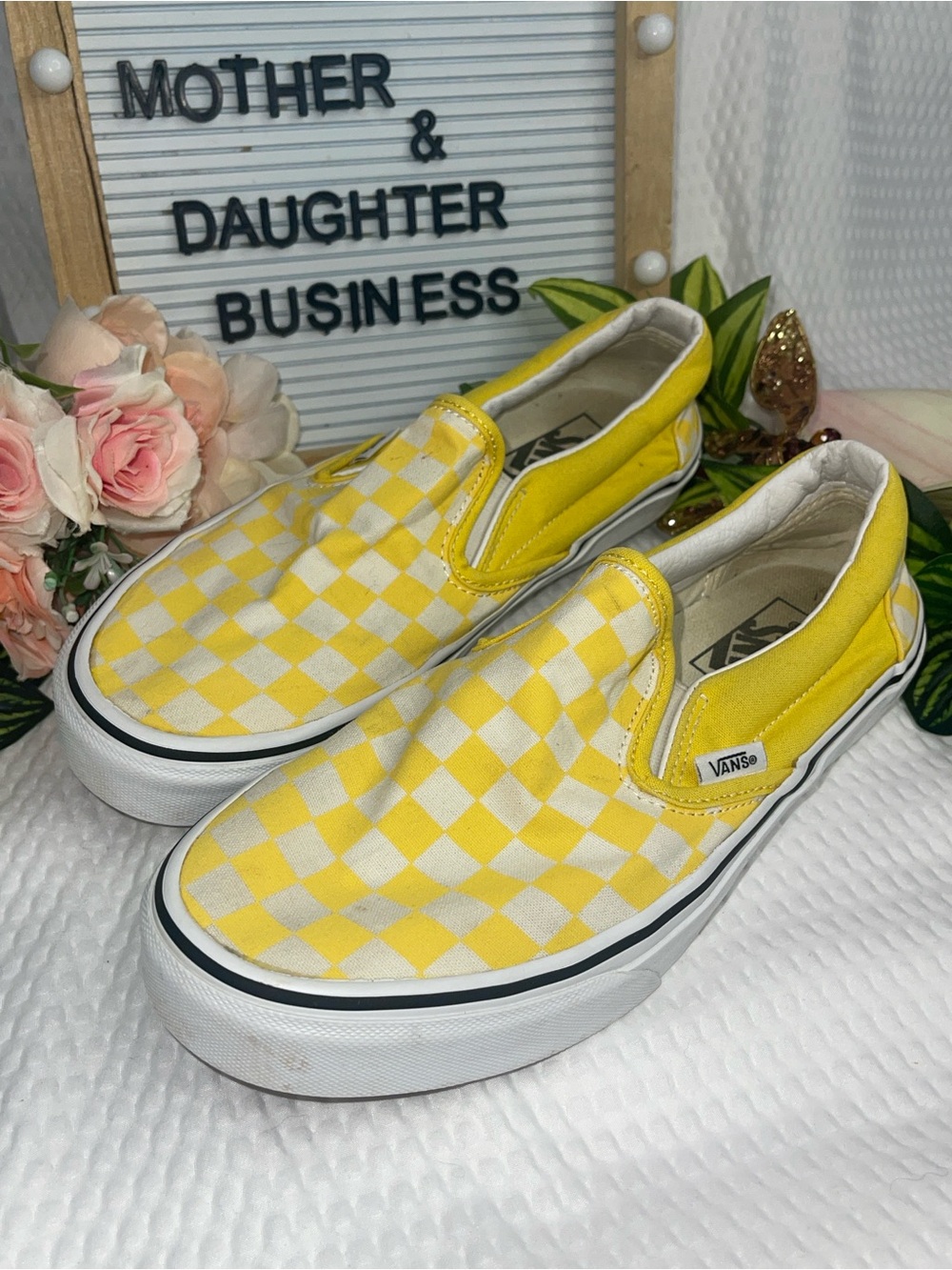 Vans Classic Slip On Yellow White Checkerboard Sneakers Womens Size 8.5 Skate - Picture 1 of 5